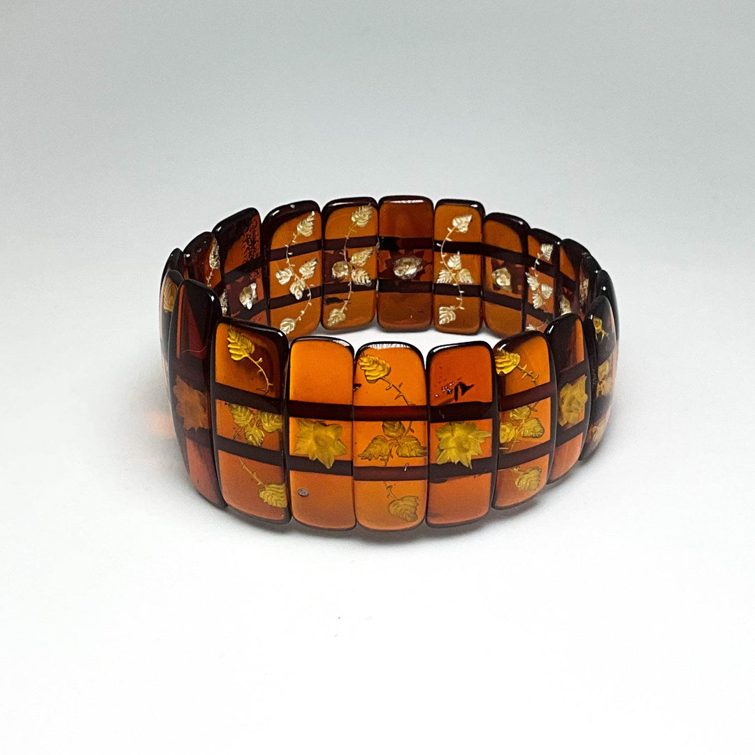 Cognac Amber Floral Cameo Beaded Bracelet - Rocks and Gems Canada