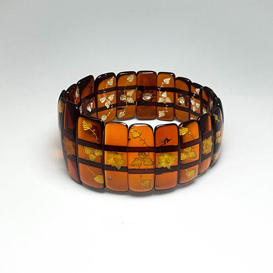 Cognac Amber Floral Cameo Beaded Bracelet - Rocks and Gems Canada