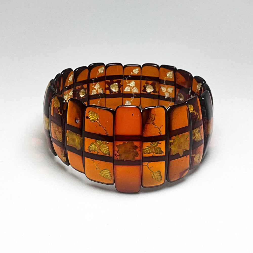 Cognac Amber Floral Cameo Beaded Bracelet - Rocks and Gems Canada