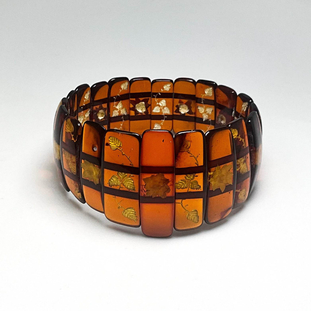 Cognac Amber Floral Cameo Beaded Bracelet - Rocks and Gems Canada