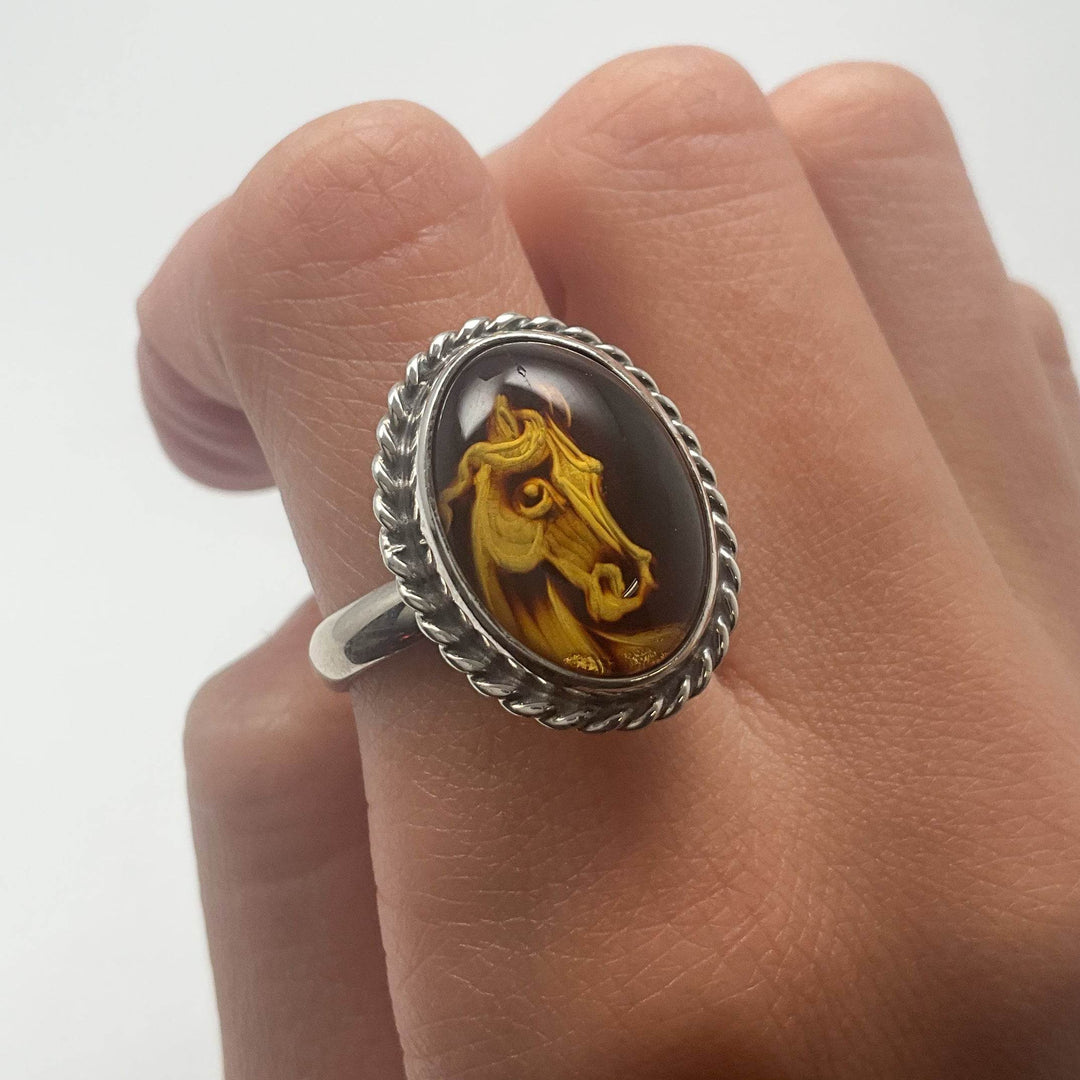 Amber Cameo Horse Ring - Rocks and Gems Canada
