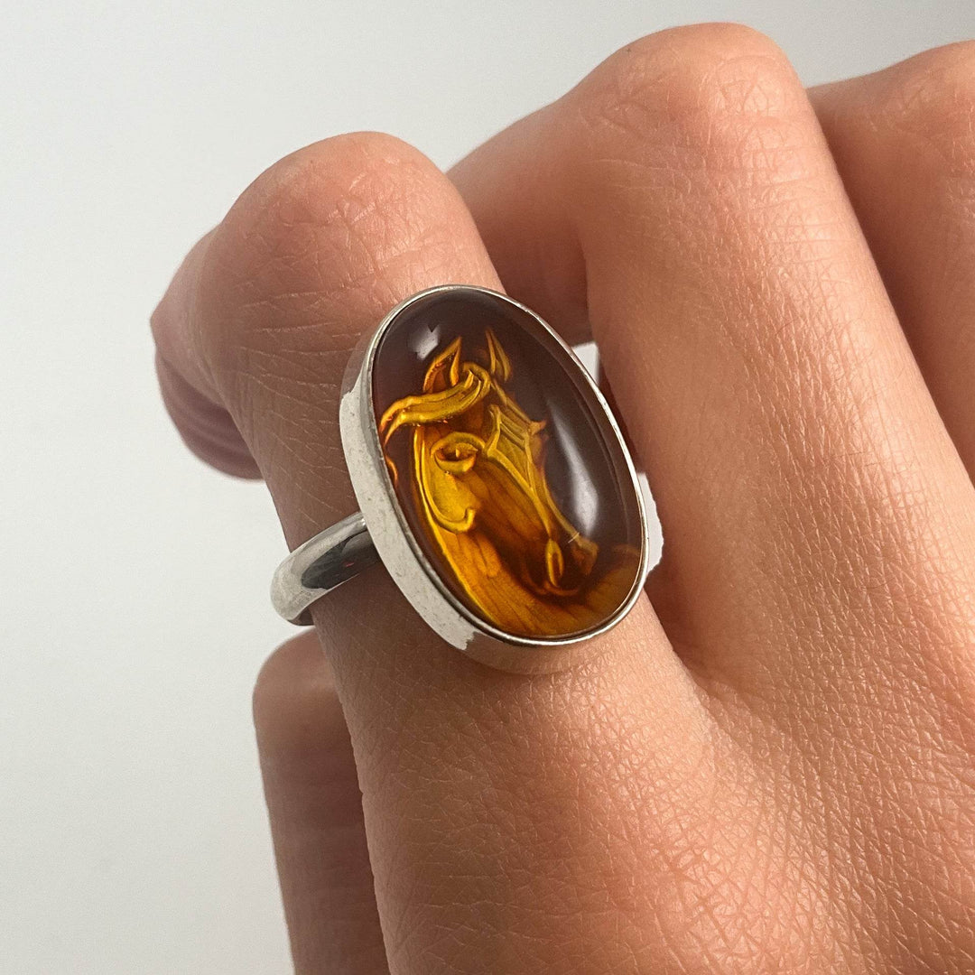 Amber Cameo Horse Ring - Rocks and Gems Canada