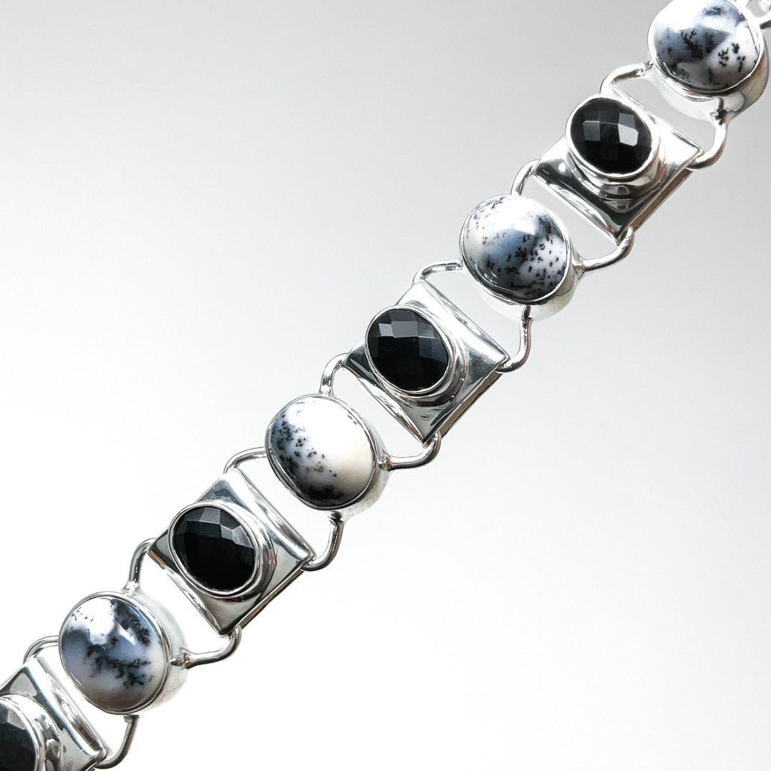Dendritic Opal and Black Onyx Sterling Silver Bracelet - Rocks and Gems Canada