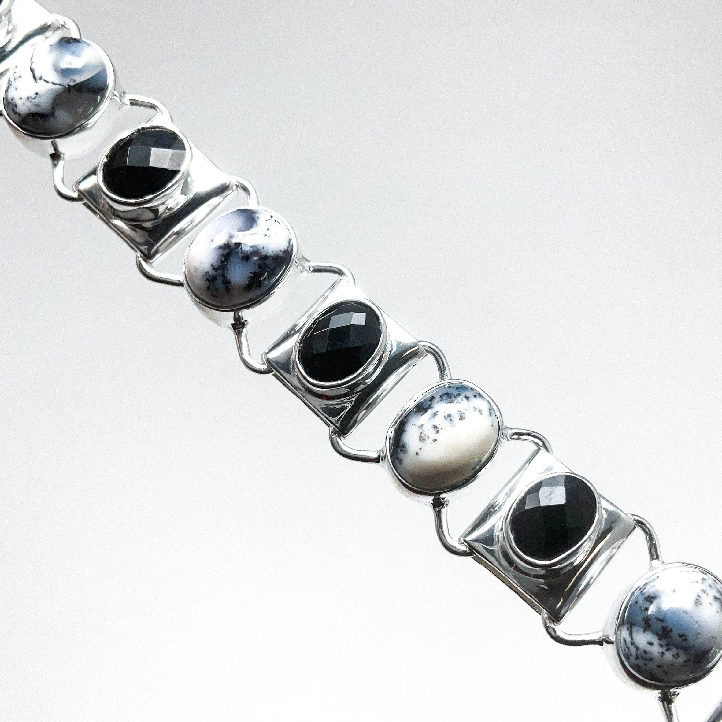 Dendritic Opal and Black Onyx Sterling Silver Bracelet - Rocks and Gems Canada