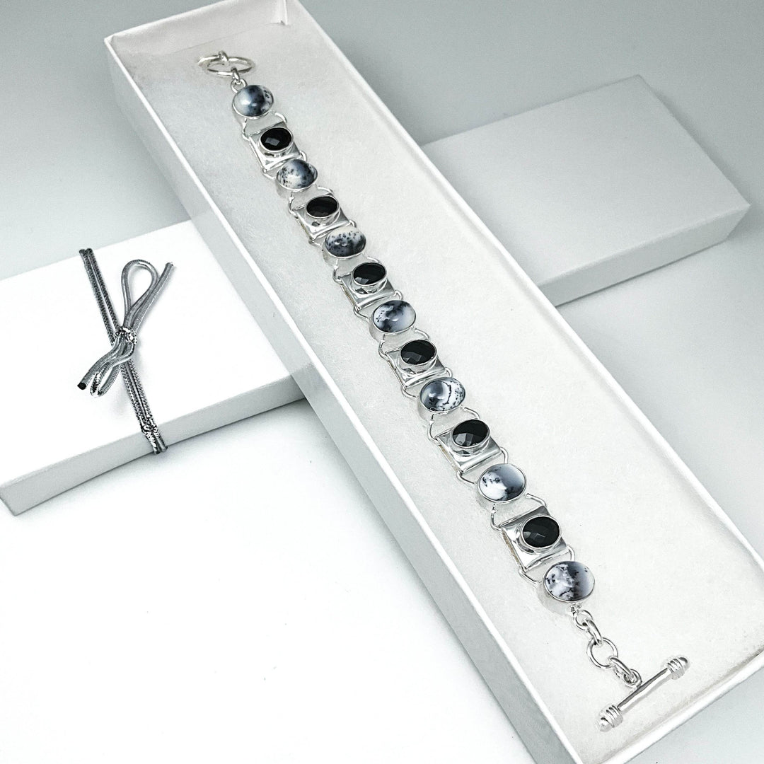 Dendritic Opal and Black Onyx Sterling Silver Bracelet - Rocks and Gems Canada