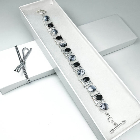 Dendritic Opal and Black Onyx Sterling Silver Bracelet - Rocks and Gems Canada
