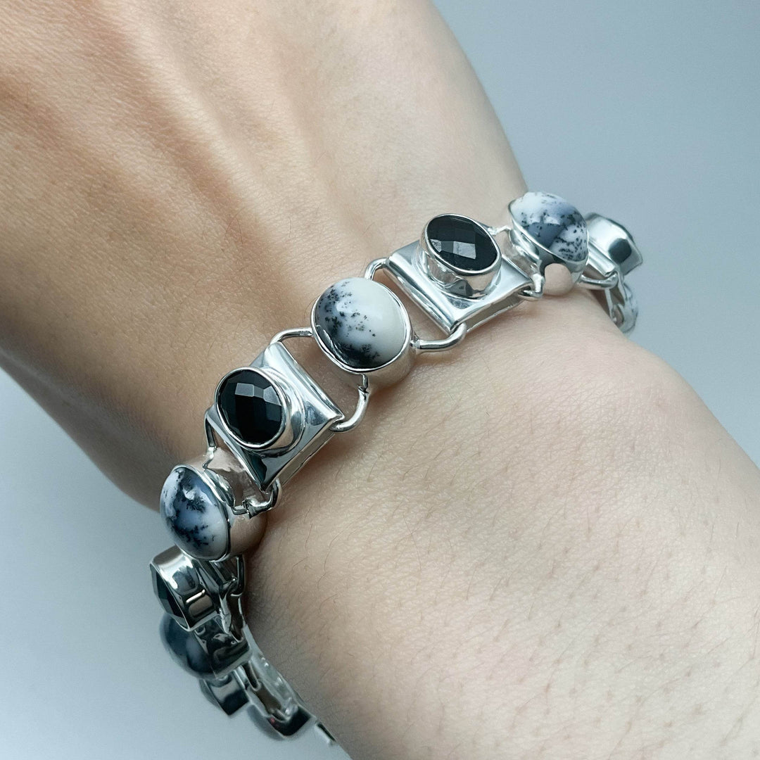Dendritic Opal and Black Onyx Sterling Silver Bracelet - Rocks and Gems Canada