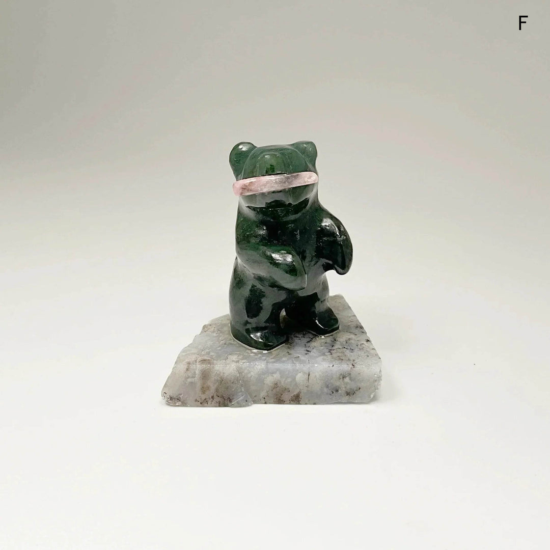 Jade Bear Carving with Rhodonite Fish on Base - Rocks and Gems Canada