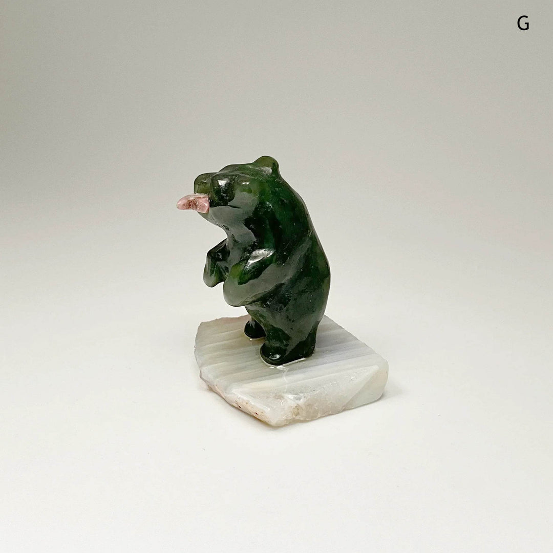 Jade Bear Carving with Rhodonite Fish on Base - Rocks and Gems Canada