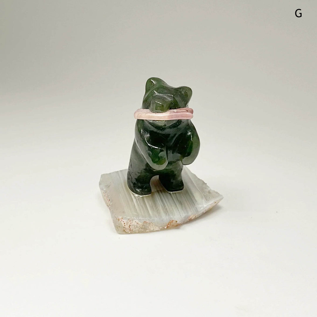 Jade Bear Carving with Rhodonite Fish on Base - Rocks and Gems Canada