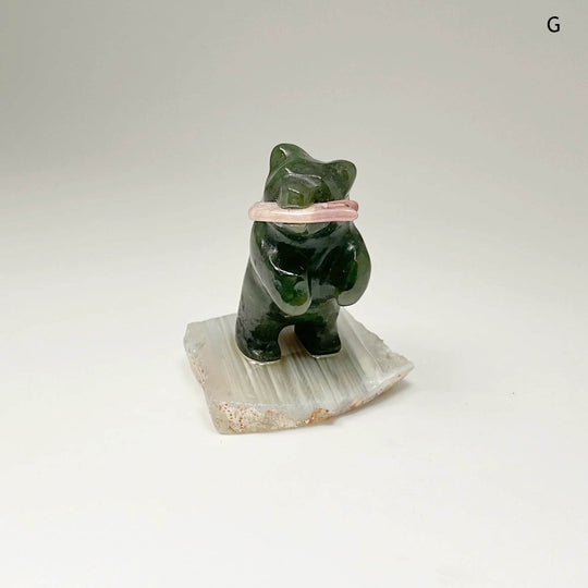 Jade Bear Carving with Rhodonite Fish on Base - Rocks and Gems Canada