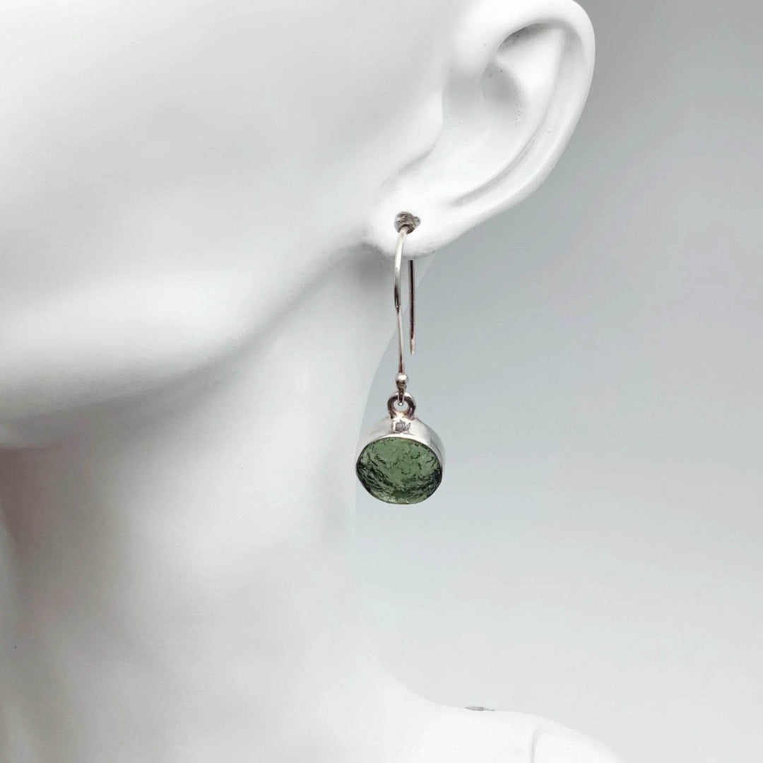 Moldavite Round Dangle Earrings - Rocks and Gems Canada