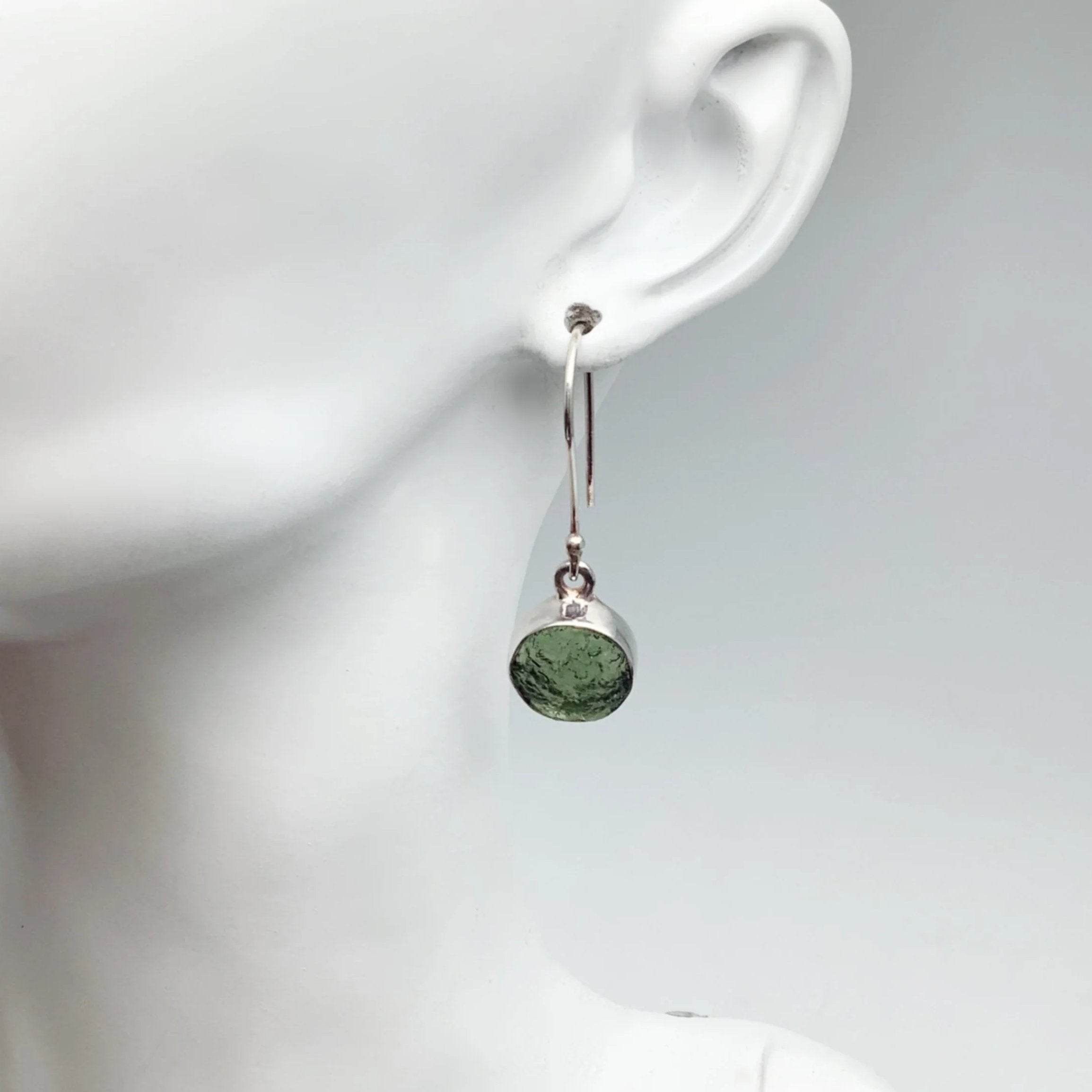 Moldavite Round Dangle Earrings - Rocks and Gems Canada