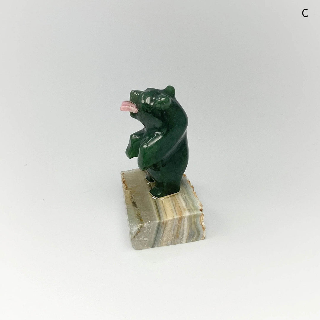 Jade Bear Carving with Rhodonite Fish on Base - Rocks and Gems Canada