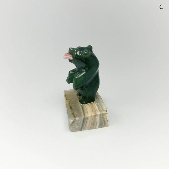 Jade Bear Carving with Rhodonite Fish on Base - Rocks and Gems Canada