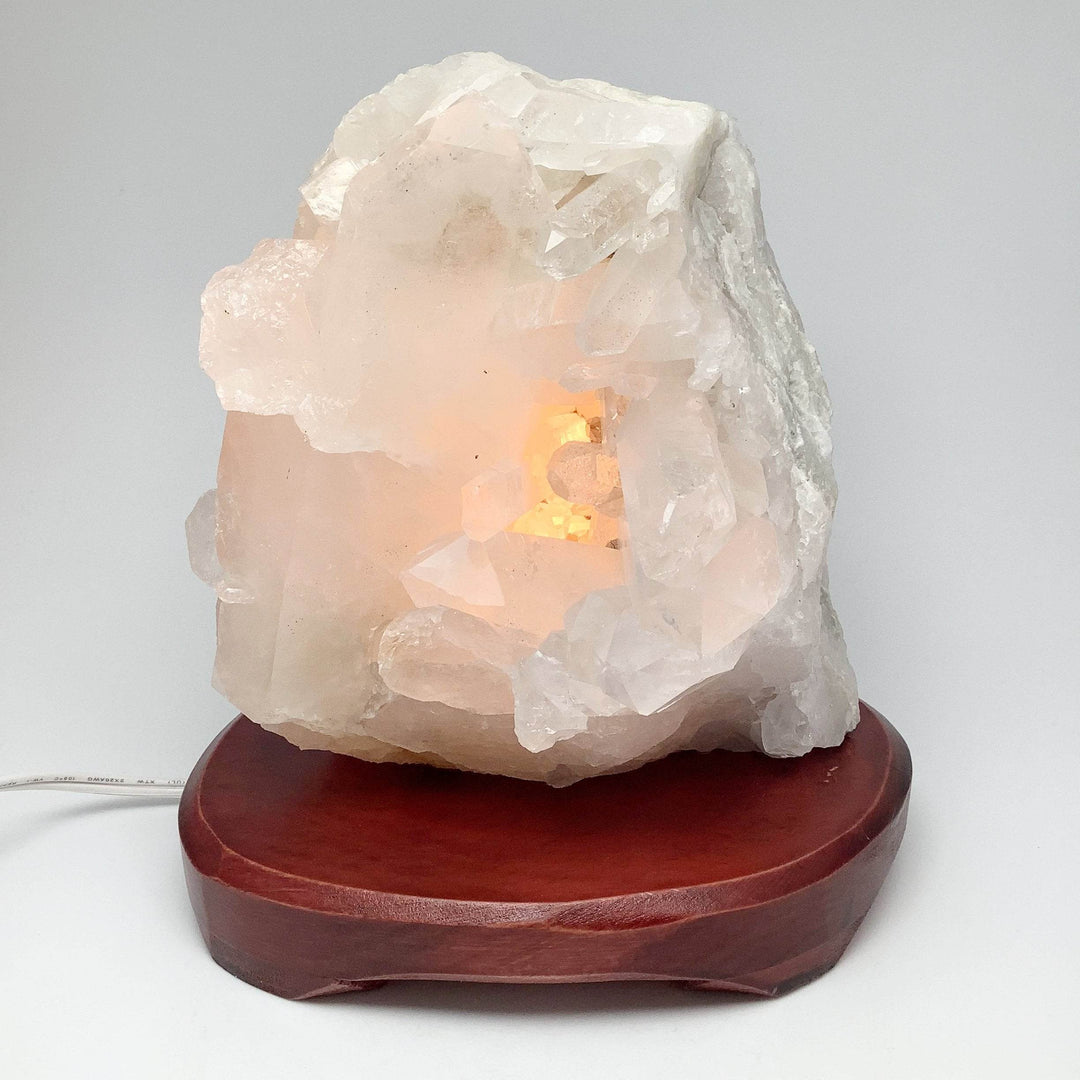 Quartz Cluster Lamp with Wooden Base - Rocks and Gems Canada