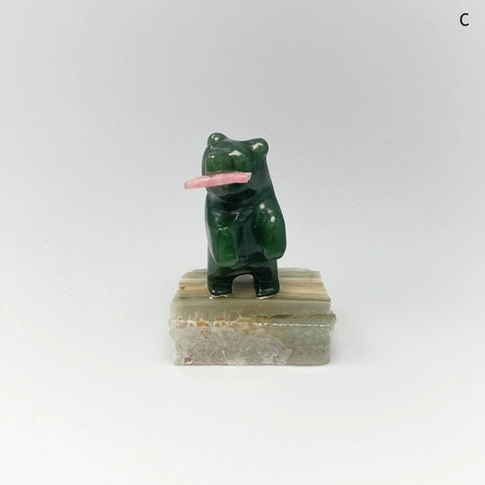 Jade Bear Carving with Rhodonite Fish on Base - Rocks and Gems Canada