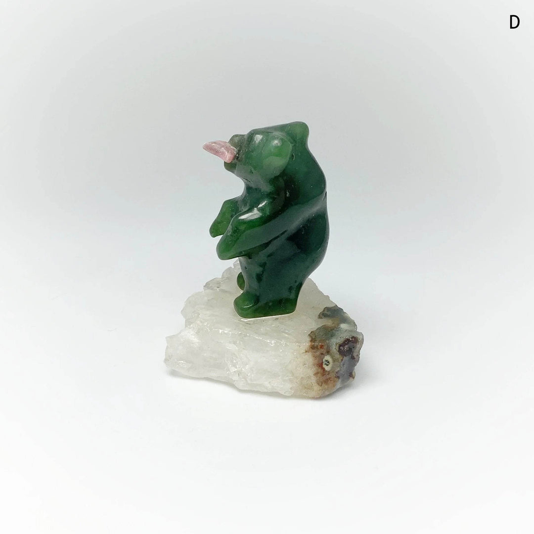 Jade Bear Carving with Rhodonite Fish on Base - Rocks and Gems Canada