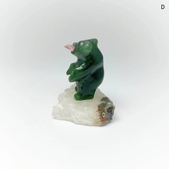 Jade Bear Carving with Rhodonite Fish on Base - Rocks and Gems Canada