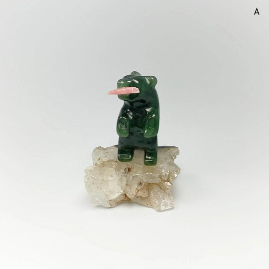 Jade Bear Carving with Rhodonite Fish on Base - Rocks and Gems Canada