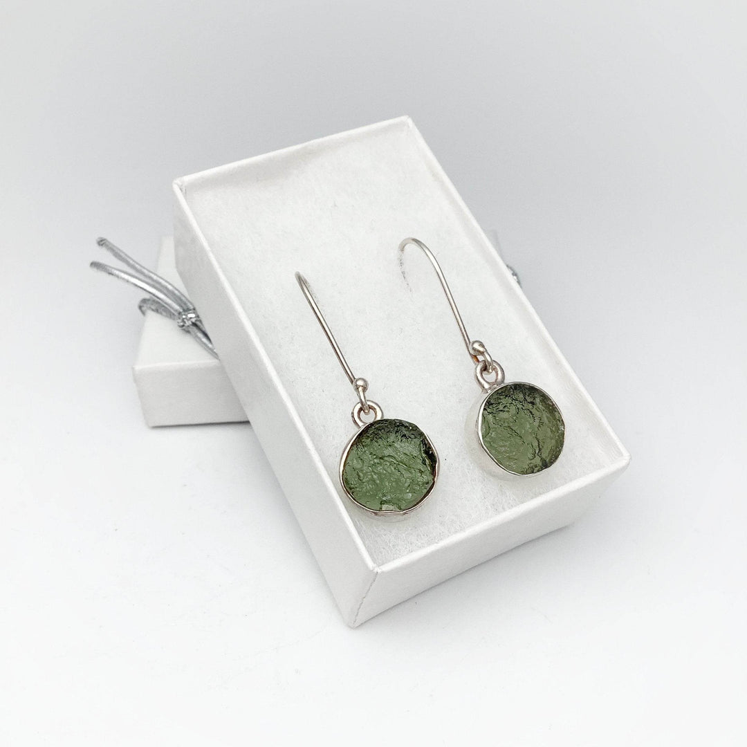 Moldavite Round Dangle Earrings - Rocks and Gems Canada