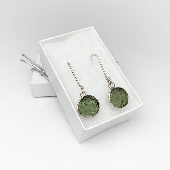 Moldavite Round Dangle Earrings - Rocks and Gems Canada