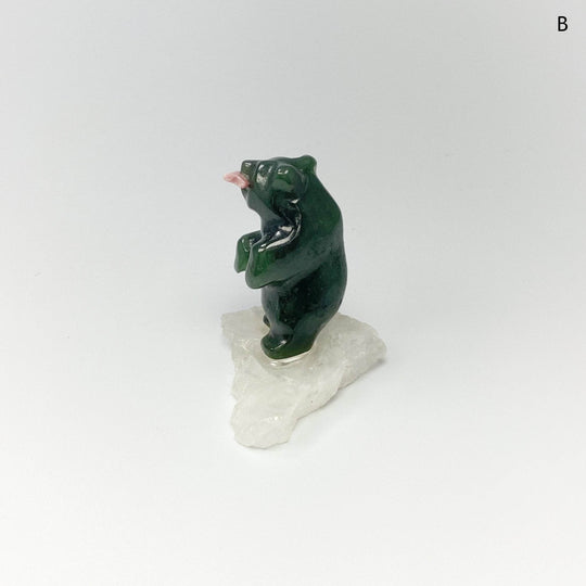 Jade Bear Carving with Rhodonite Fish on Base - Rocks and Gems Canada