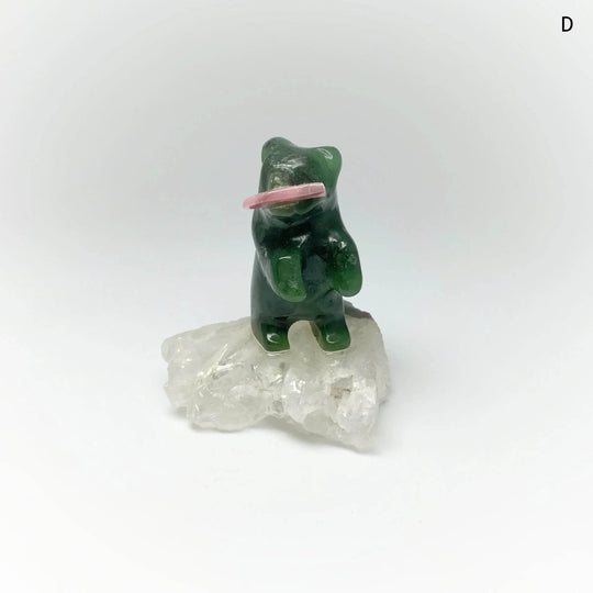 Jade Bear Carving with Rhodonite Fish on Base - Rocks and Gems Canada
