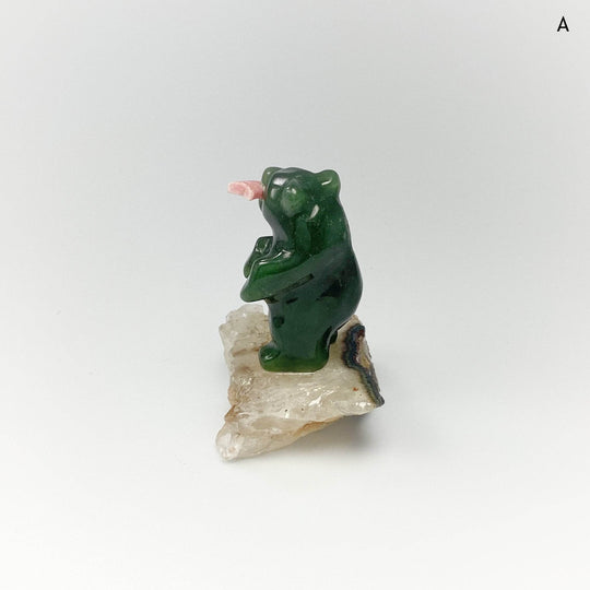 Jade Bear Carving with Rhodonite Fish on Base - Rocks and Gems Canada