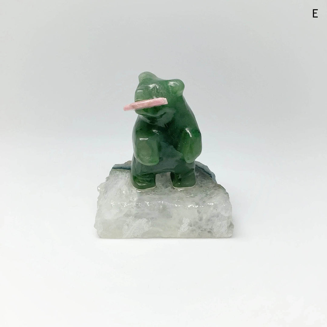 Jade Bear Carving with Rhodonite Fish on Base - Rocks and Gems Canada