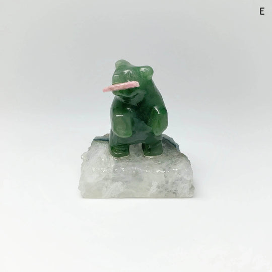 Jade Bear Carving with Rhodonite Fish on Base - Rocks and Gems Canada