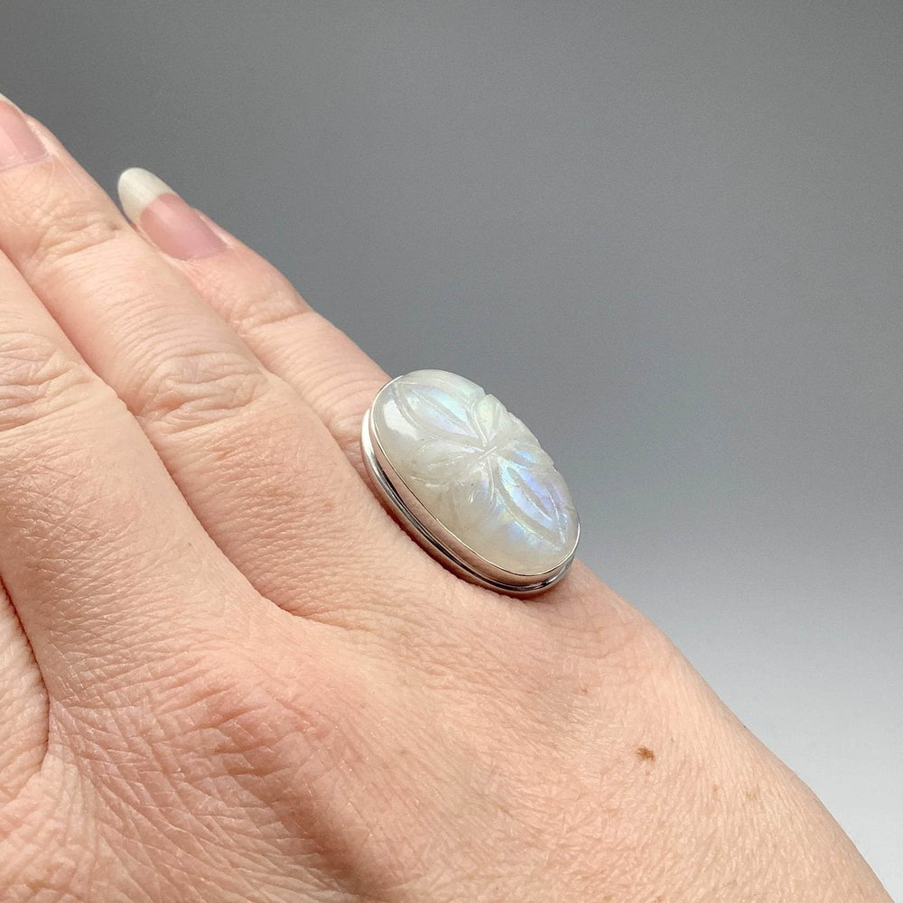 Rainbow Moonstone Flower Carving Ring - Rocks and Gems Canada