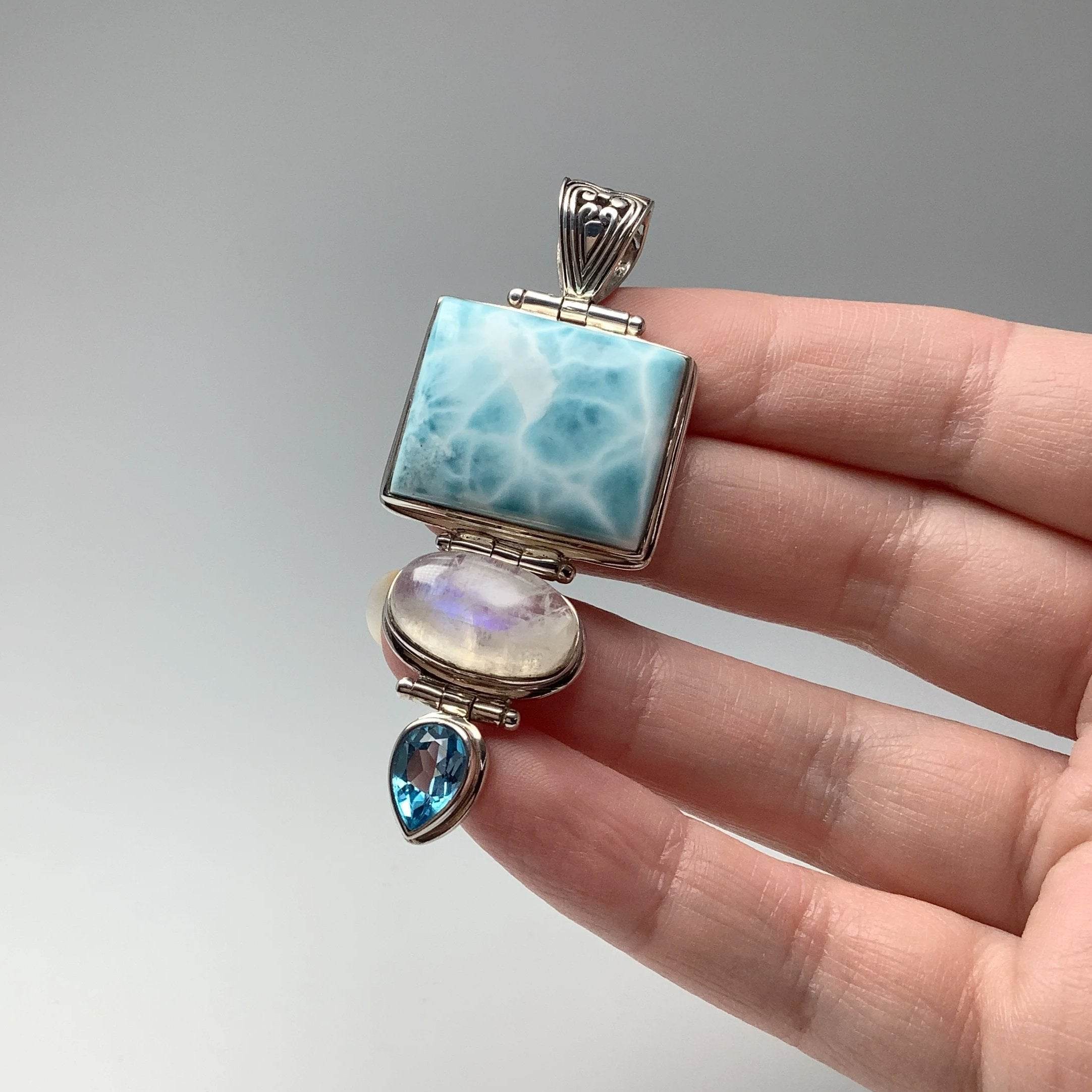 Larimar, Rainbow Moonstone and Blue Topaz Pendant - Rocks and Gems Canada