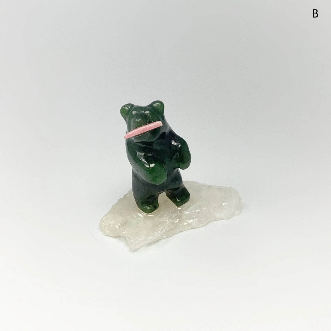 Jade Bear Carving with Rhodonite Fish on Base - Rocks and Gems Canada