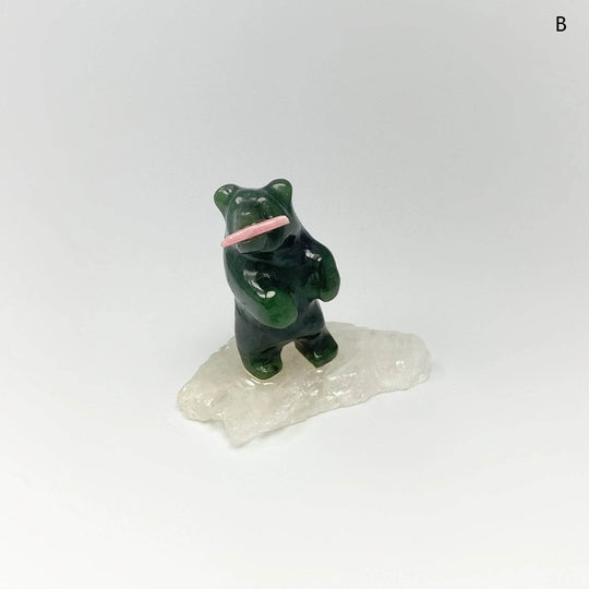 Jade Bear Carving with Rhodonite Fish on Base - Rocks and Gems Canada