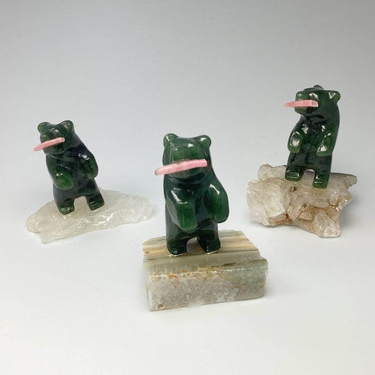 Jade Bear Carving with Rhodonite Fish on Base - Rocks and Gems Canada