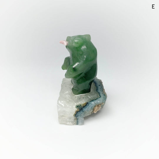 Jade Bear Carving with Rhodonite Fish on Base - Rocks and Gems Canada