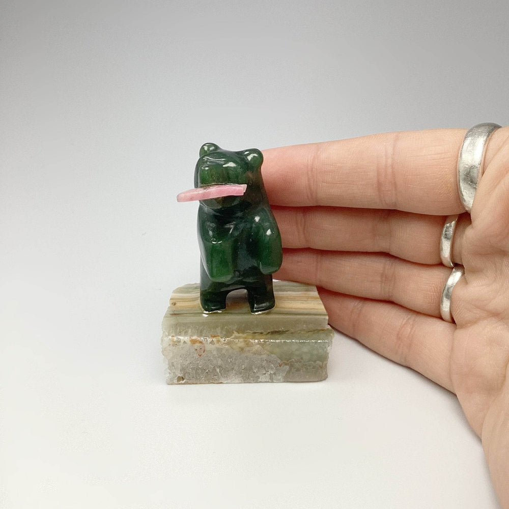 Jade Bear Carving with Rhodonite Fish on Base - Rocks and Gems Canada