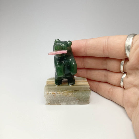 Jade Bear Carving with Rhodonite Fish on Base - Rocks and Gems Canada