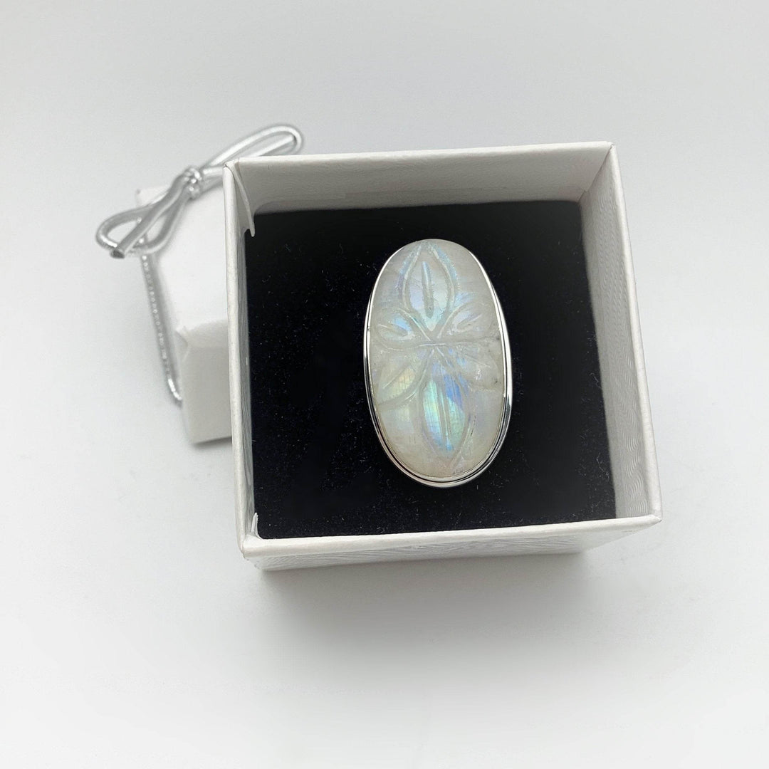 Rainbow Moonstone Flower Carving Ring - Rocks and Gems Canada