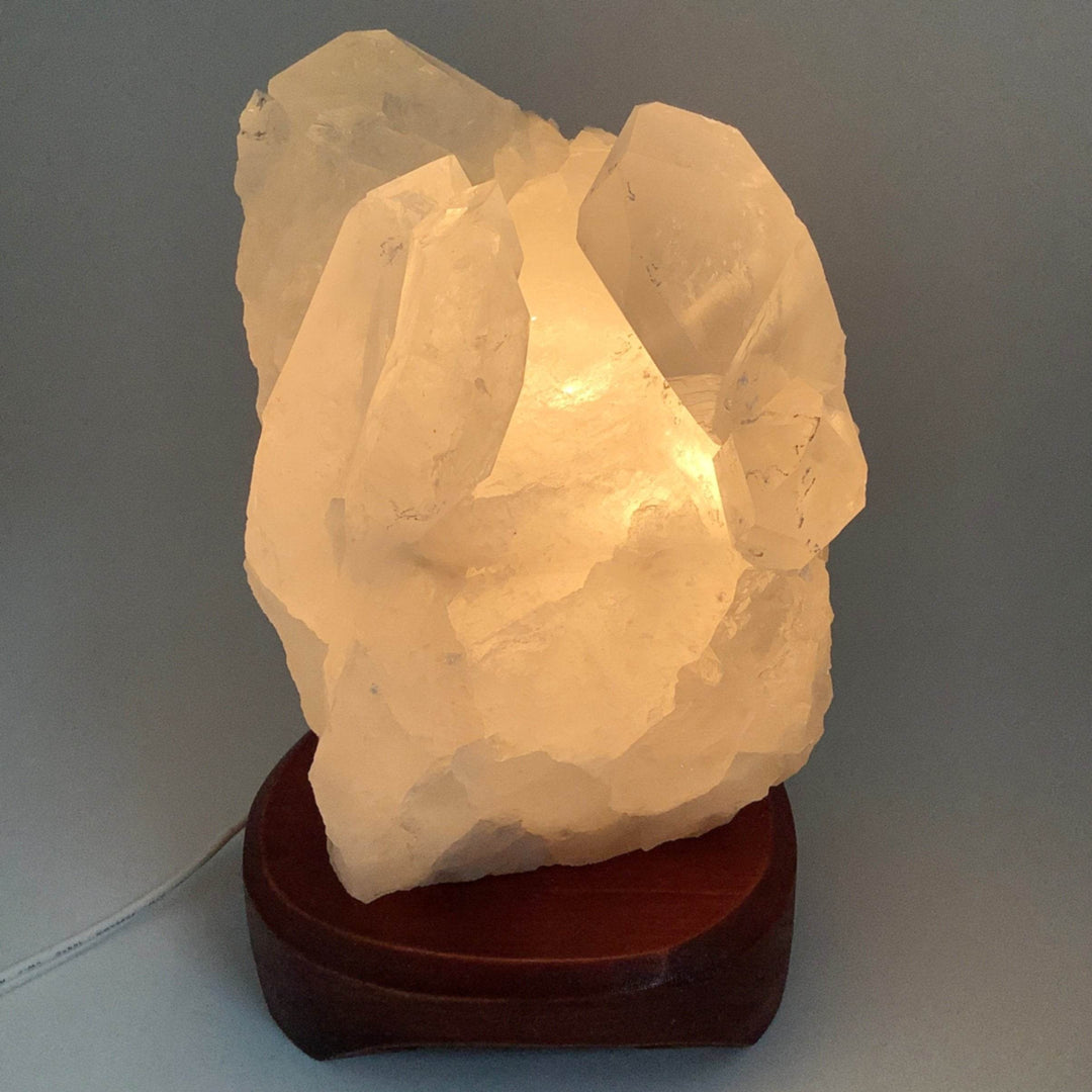 Quartz Cluster Lamp with Wooden Base - Rocks and Gems Canada