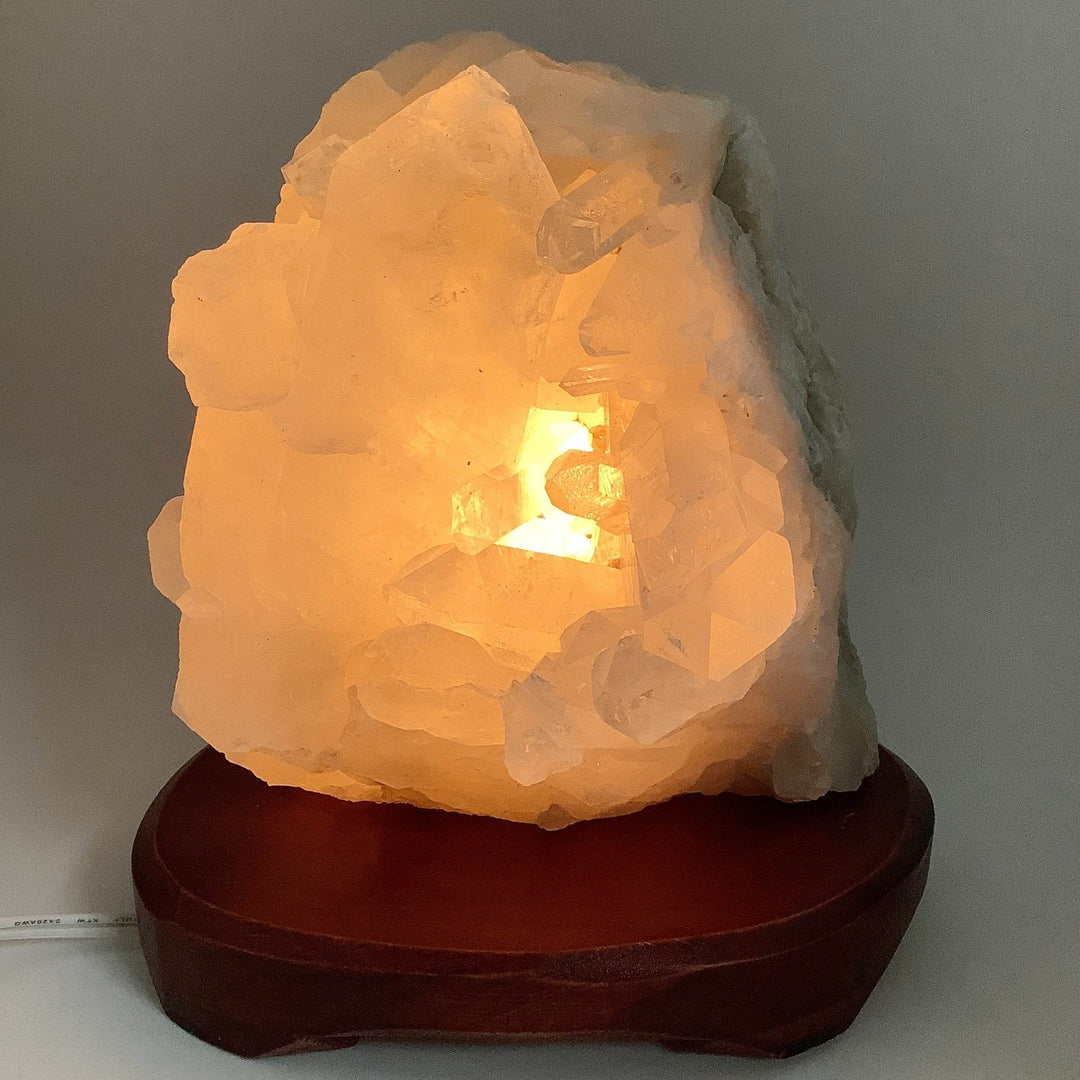 Quartz Cluster Lamp with Wooden Base - Rocks and Gems Canada