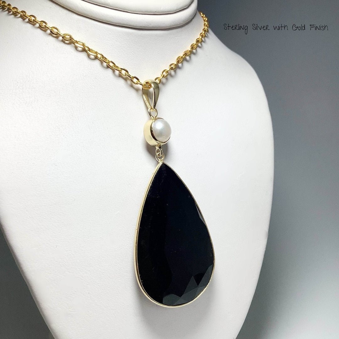 Faceted Black Onyx and Pearl Pendant - Rocks and Gems Canada