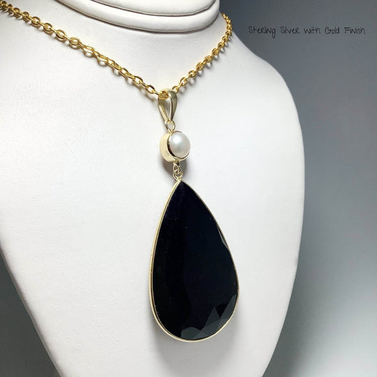 Faceted Black Onyx and Pearl Pendant - Rocks and Gems Canada