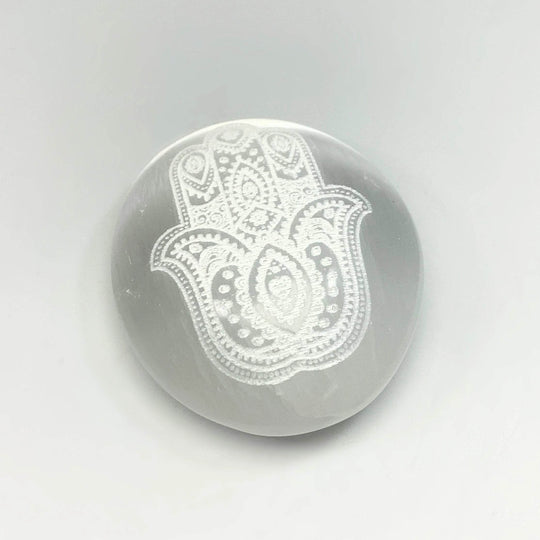 Selenite Palm Stone with Fatima Hand Engraving - Rocks and Gems Canada