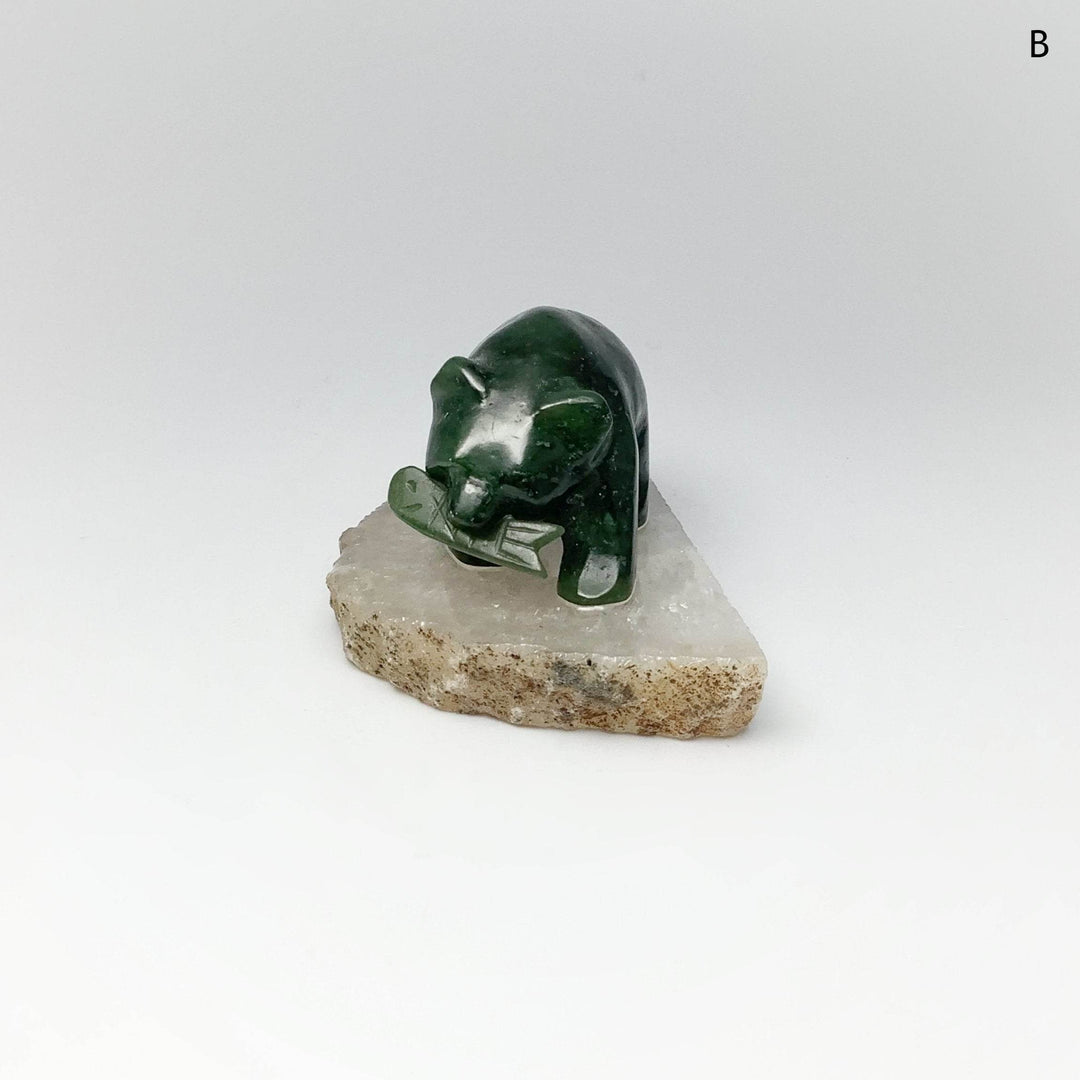 BC Jade Bear with Fish Carving on Natural Agate Base - Rocks and Gems Canada