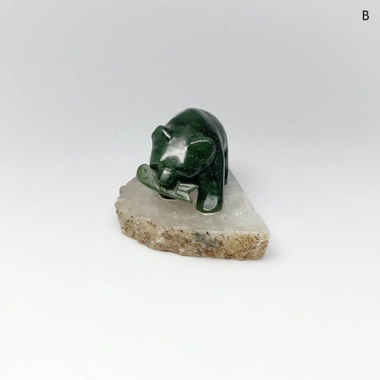 BC Jade Bear with Fish Carving on Natural Agate Base - Rocks and Gems Canada