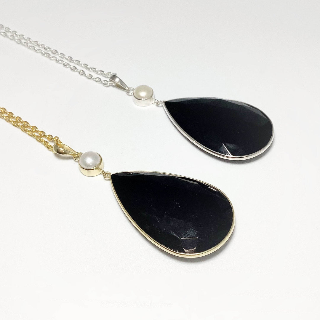 Faceted Black Onyx and Pearl Pendant - Rocks and Gems Canada