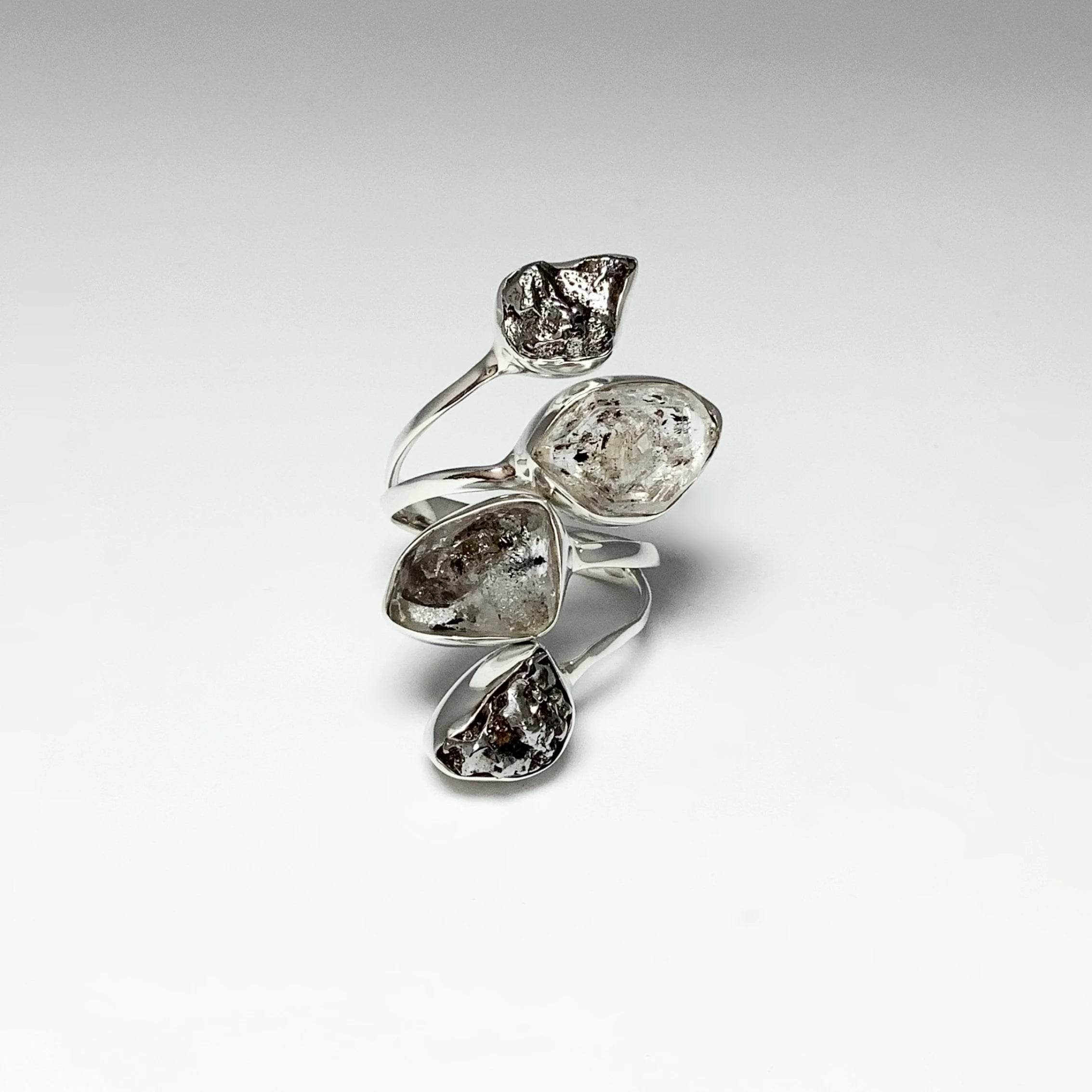 Campo Del Cielo Meteorite and Herkimer Diamond Adjustable Ring - Rocks and Gems Canada