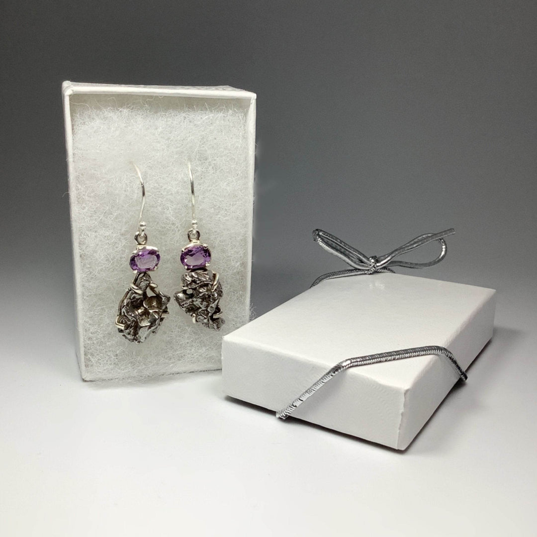 Campo Del Cielo Meteorite and Faceted Amethyst Dangle Earrings - Rocks and Gems Canada